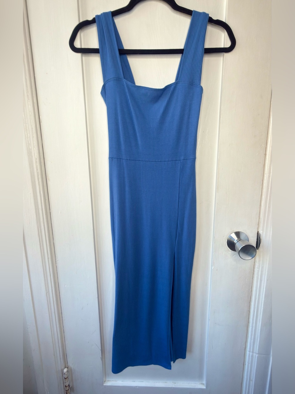 Reformation Blue Ribbed Square-Neck Midi Dress